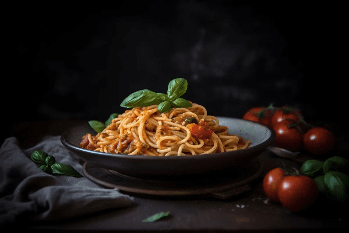 Spaghetti with Fresh Basil on Top